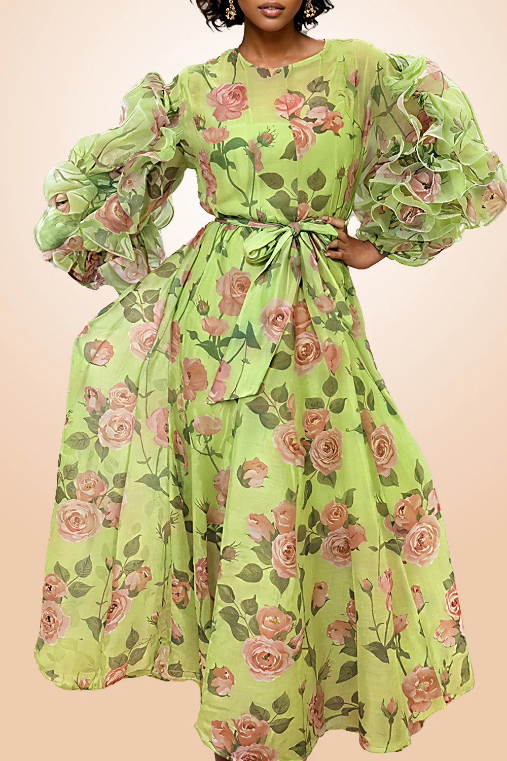 X7686 FLORAL RUFFLE SLEEVE DRESS (PINK, GRN) - Image 2