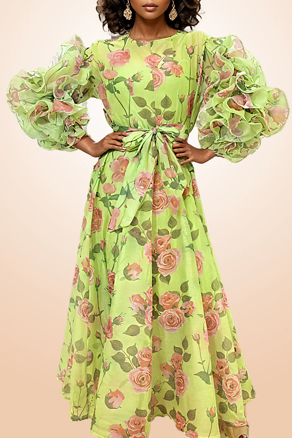 X7686 FLORAL RUFFLE SLEEVE DRESS (PINK, GRN) - Image 3