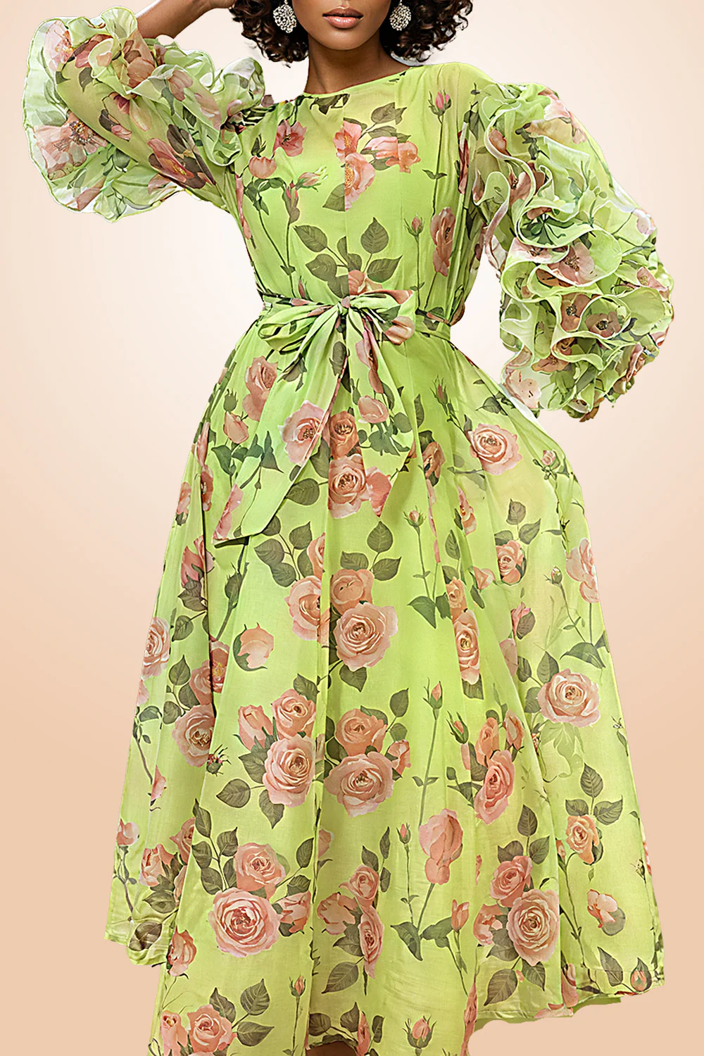 X7686 FLORAL RUFFLE SLEEVE DRESS (PINK, GRN) - Image 4