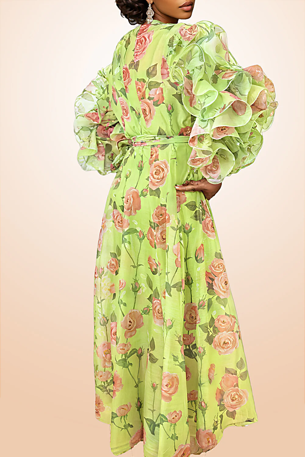 X7686 FLORAL RUFFLE SLEEVE DRESS (PINK, GRN) - Image 5