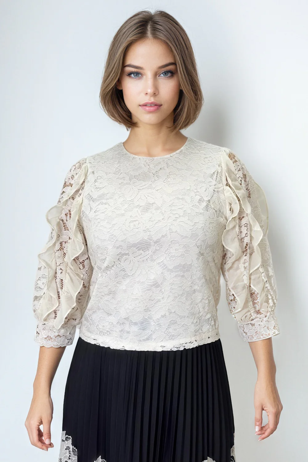 X7811 HALF SLEEVE LACE TOP (IVORY, BLK) - Image 3