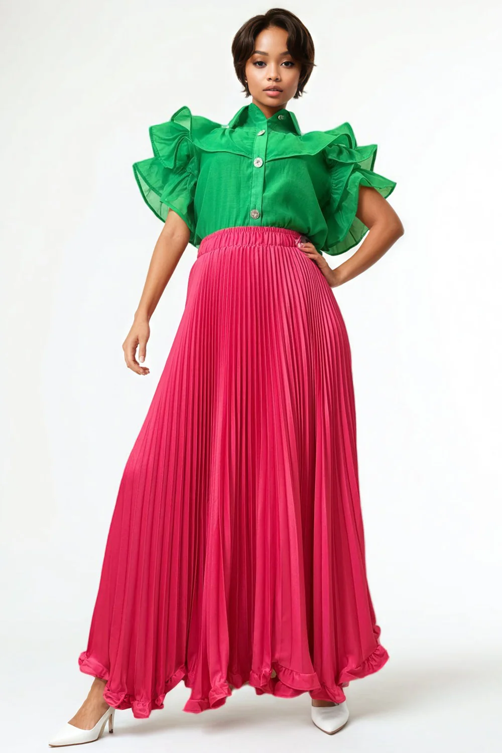 X7892 PLEATED SKIRT (PINK, ORANGE, WHT)