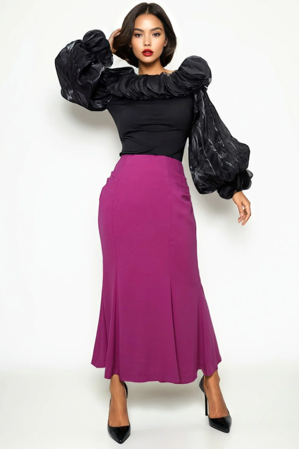 X7998 RUCHED MERMAID SKIRT (BLK, WHT, PINK) - Image 2